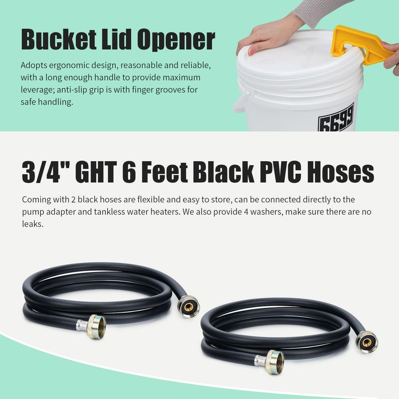 6699 Tankless Water Heater Descaling Flush Kit Includes Submersible Utility Pump with Adapters 3 Gallons Pail with Bucket Lid Opener and Two 3/4" GHT X 6FT PVC Black Hoses Easy Installation to Clean - Image 5